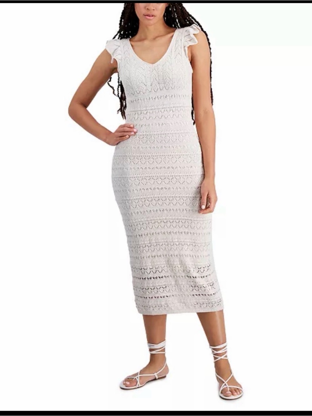 Cream Crochet Midi Dress with Ruffle Shoulders